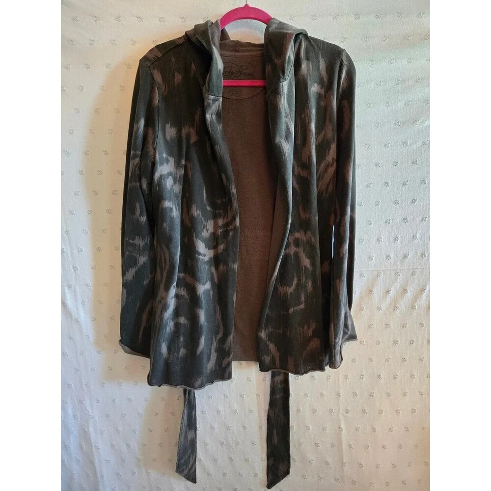 Lucky Brand Taupe Brown Hooded Open-Front Tie-Waist Utility Jacket Size L Cotton